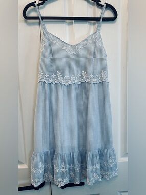Joie Cotton Babydoll Mini Dress Blue White Embroidered S EUC